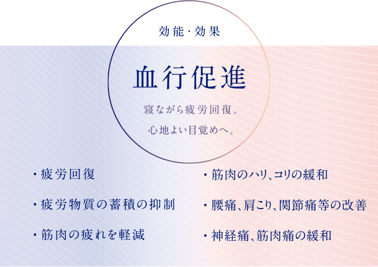 血行促進 疲労回復 疲労回復 疲労物質の蓄積の制御 筋肉の疲れを軽減 痛みの緩和・改善 筋肉のハリ、コリの緩和 腰痛・肩こり・関節痛等の改善 神経痛・筋肉痛の緩和